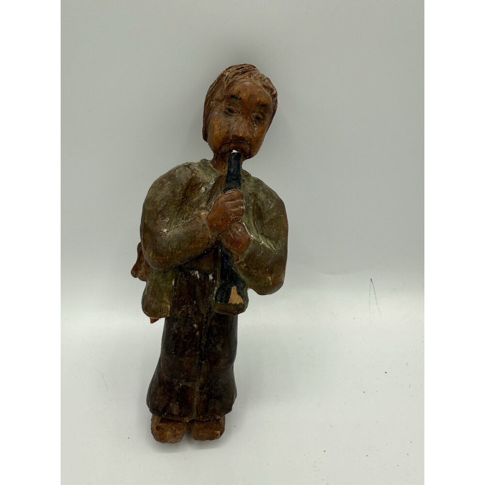 Vintage Hand Carved Wooden Figure Man Playing Flute Wales Folk Art 9”